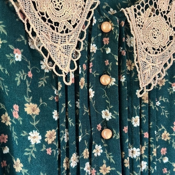 90s Vintage Midi Dress with Crochet Lace Collar Green Size M/L - Picture 5 of 12